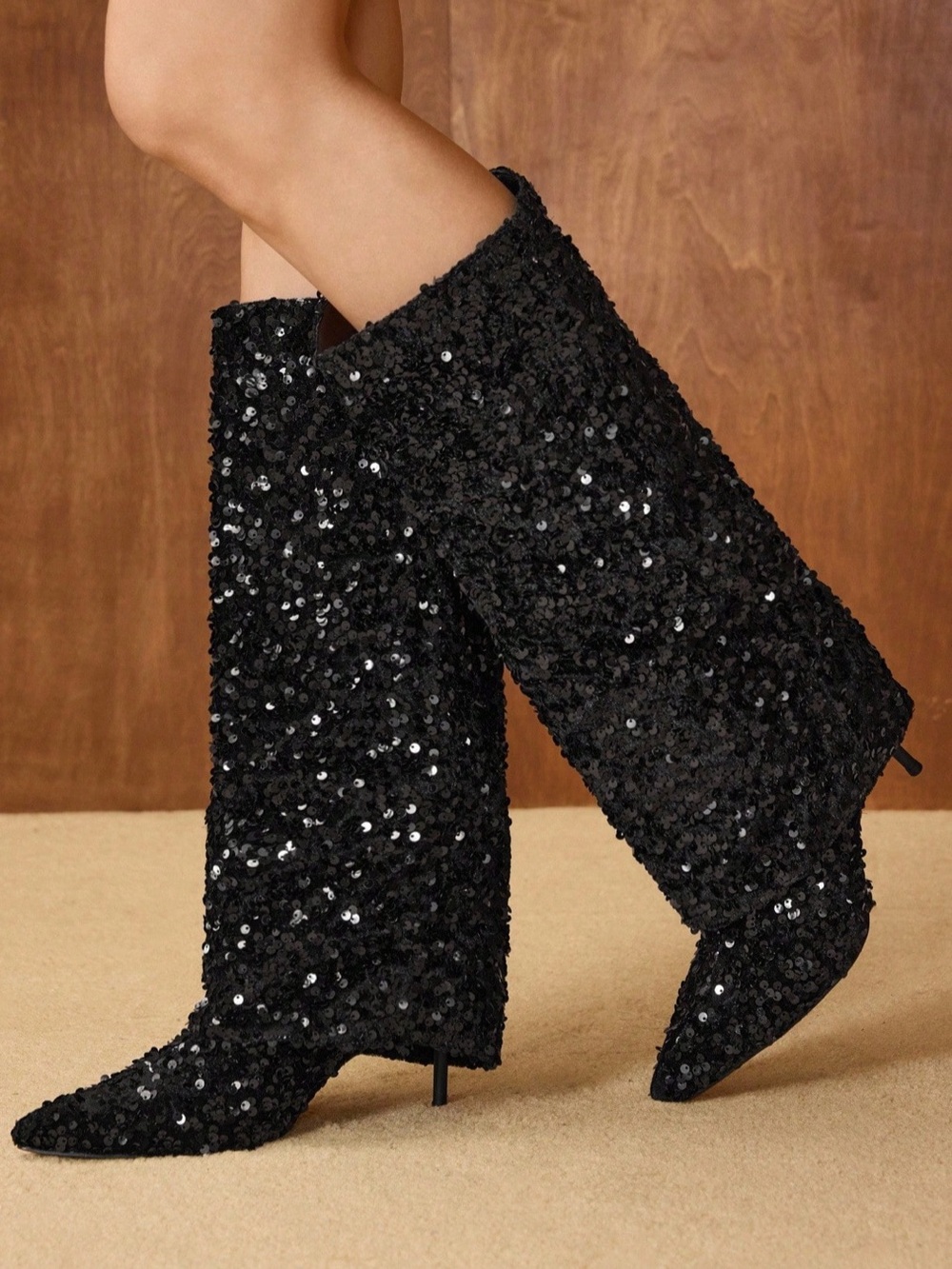 Sequined Abba fold over Stiletto Boots